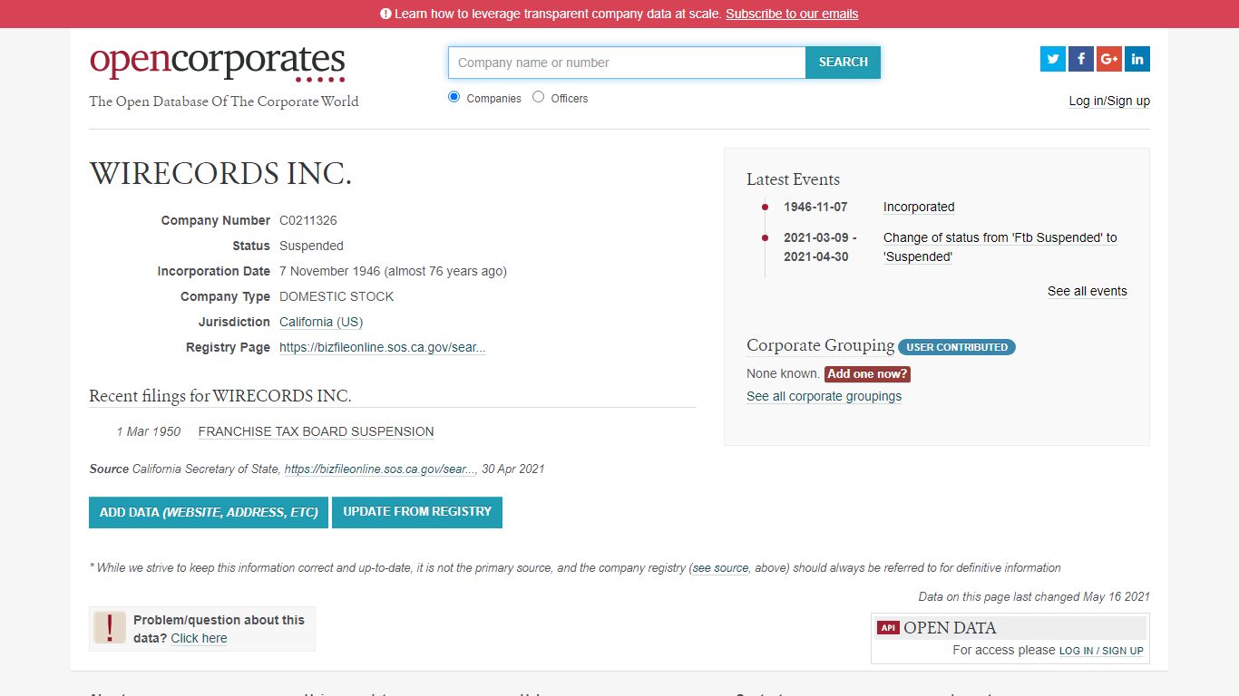 WIRECORDS INC. :: California (US) :: OpenCorporates